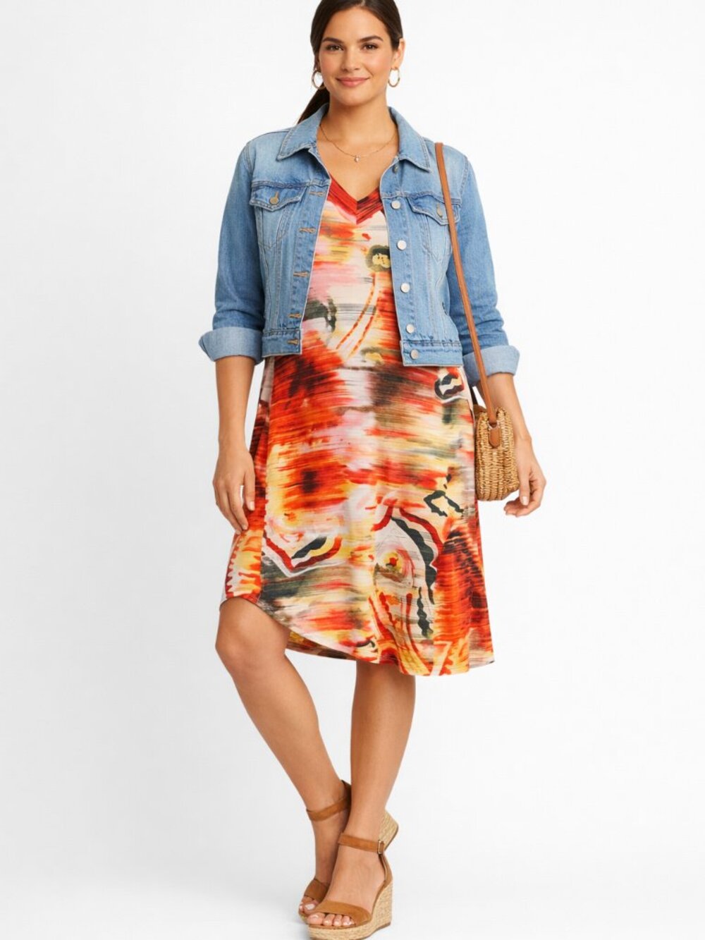 Karen Kane Vibrant Print  Short Sleeve Lightweight V Neck T Shirt Dress Size M